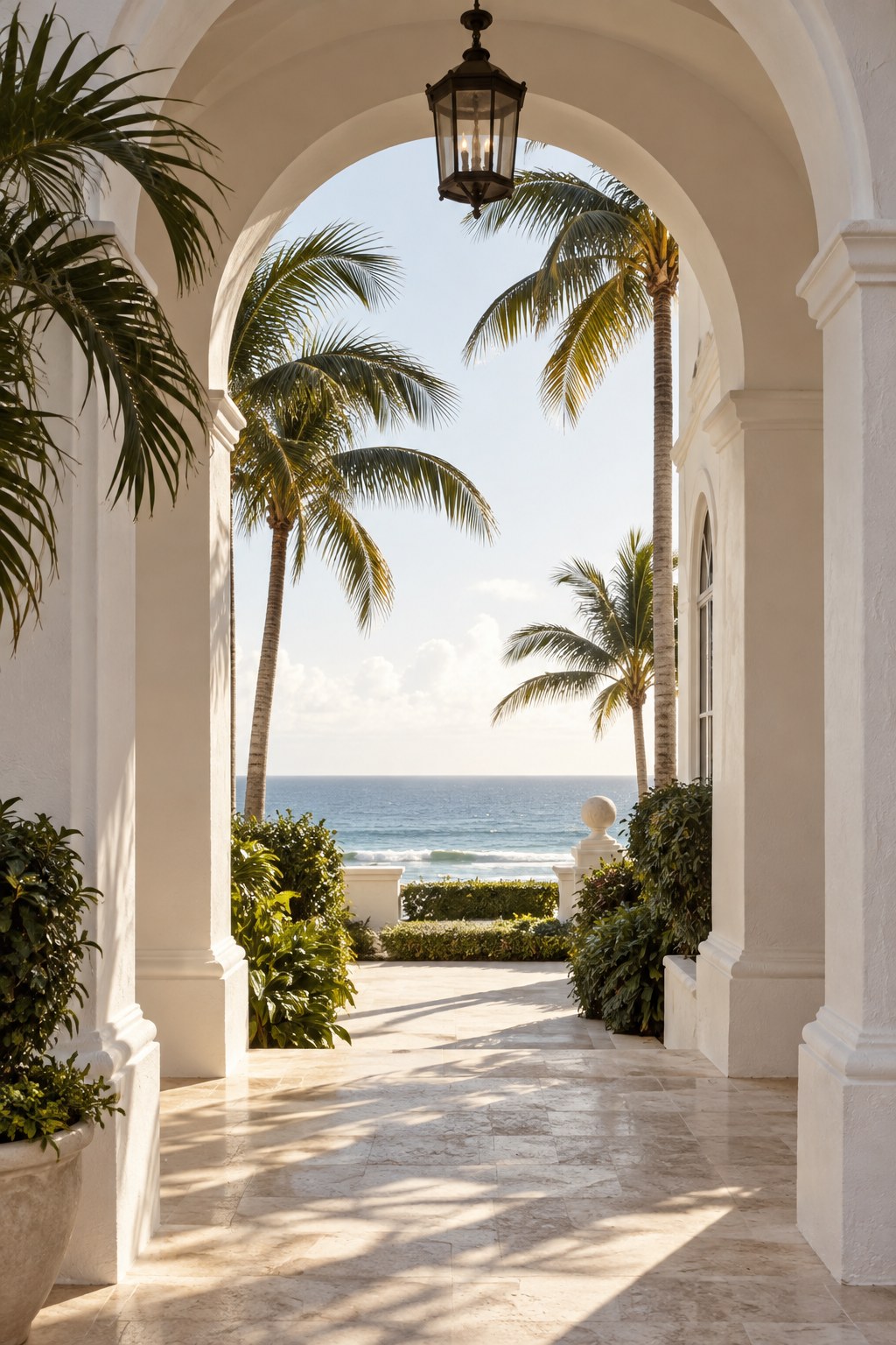 Palm Beach coastal architecture framing palms and ocean light, illustrative