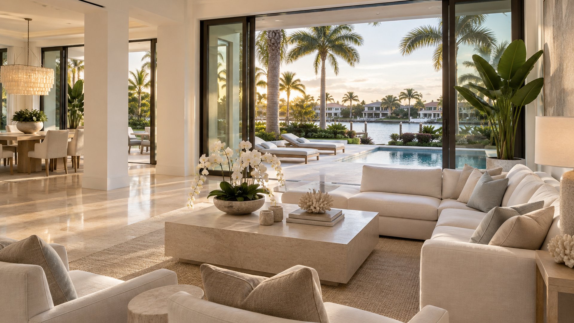 A bright South Florida living room opening to a pool terrace, illustrative