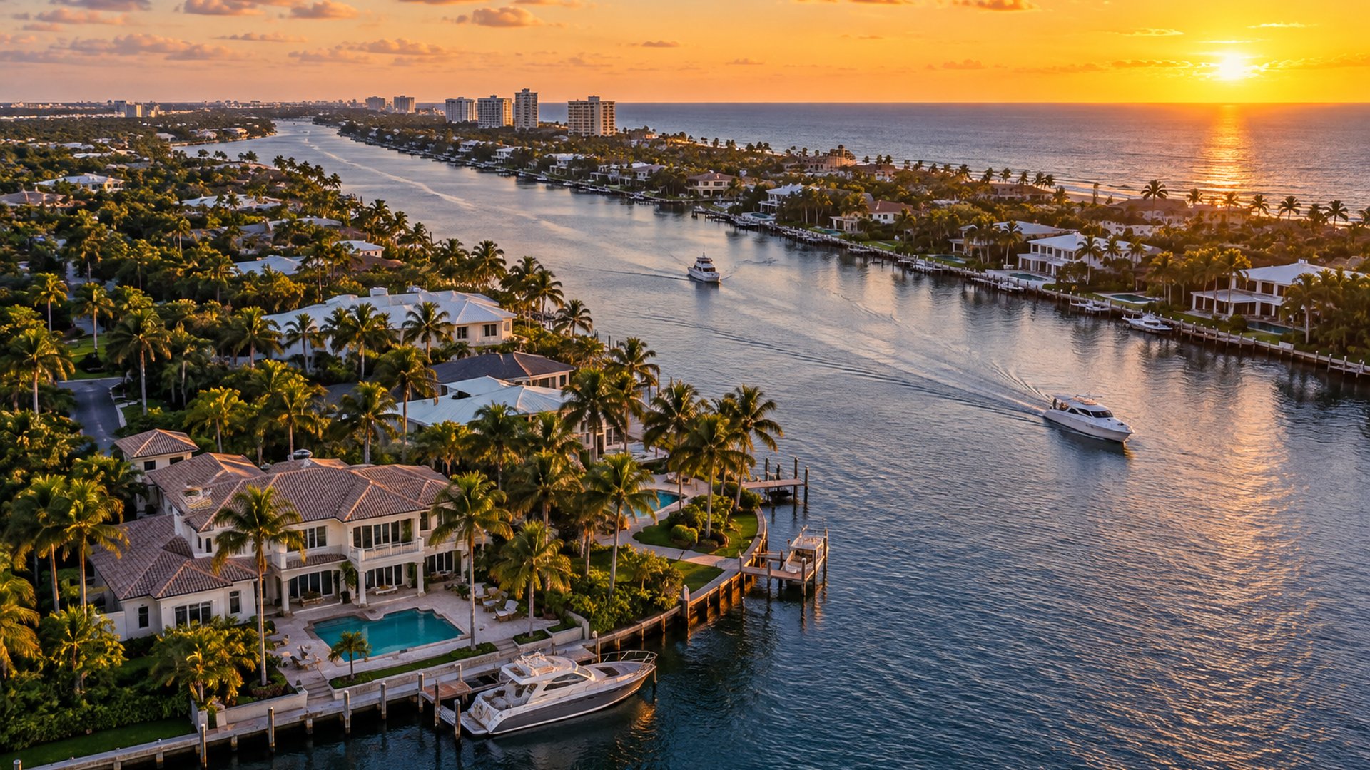 The Intracoastal Waterway in Palm Beach County at golden hour, illustrative