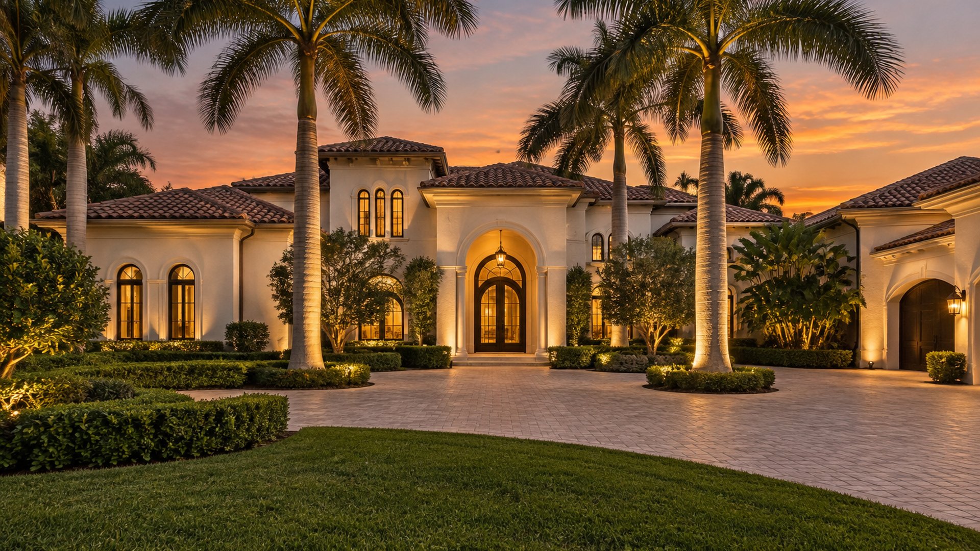 A South Florida waterfront residence at dusk, illustrative